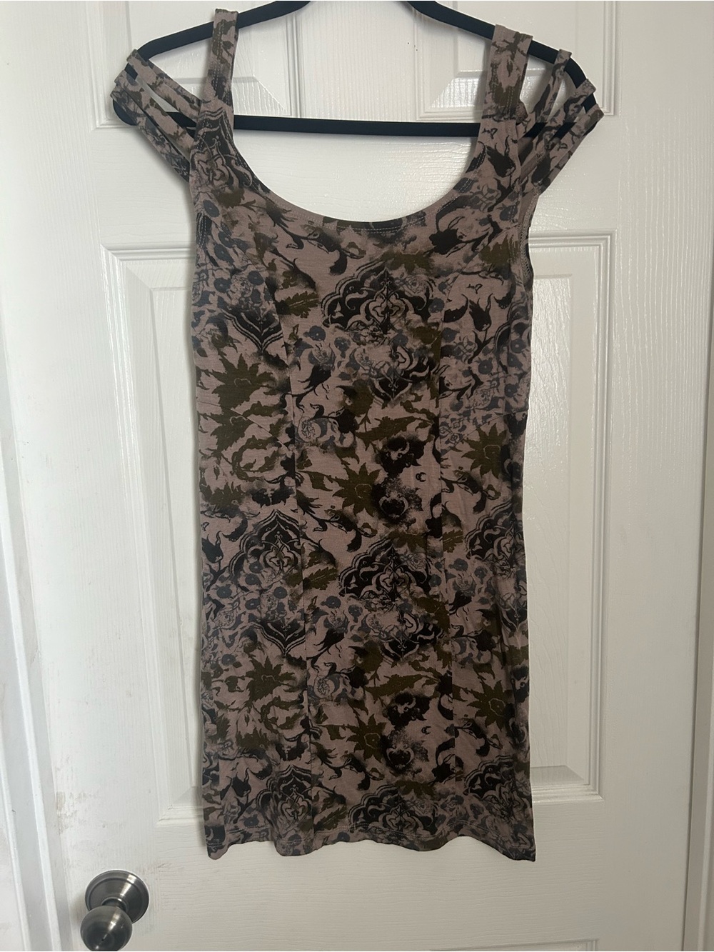 Free People Taupe Mini Dress with Olive & Black Floral Motif